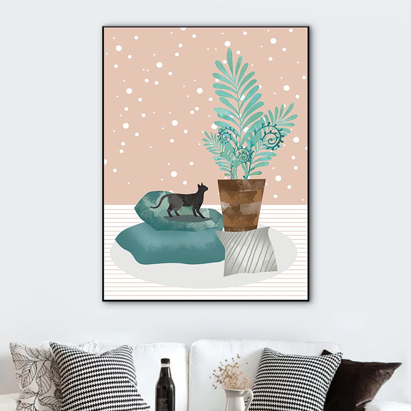 Potting and Cat Canvas Print Textured Scandinavian Bedroom Wall Art in Soft Color