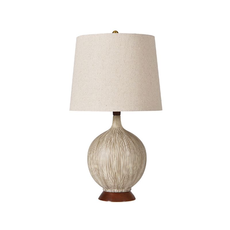 Flaxen Globe Night Lamp Rural Style Ceramic 1 Head Bedroom Nightstand Light with Drum Fabric Shade