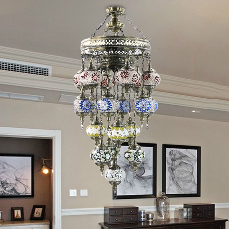 Oval befleckte Kunstglas Decke Kronleuchter traditioneller 19 Köpfe Treppe Hängende Anhänger Licht in Blau
