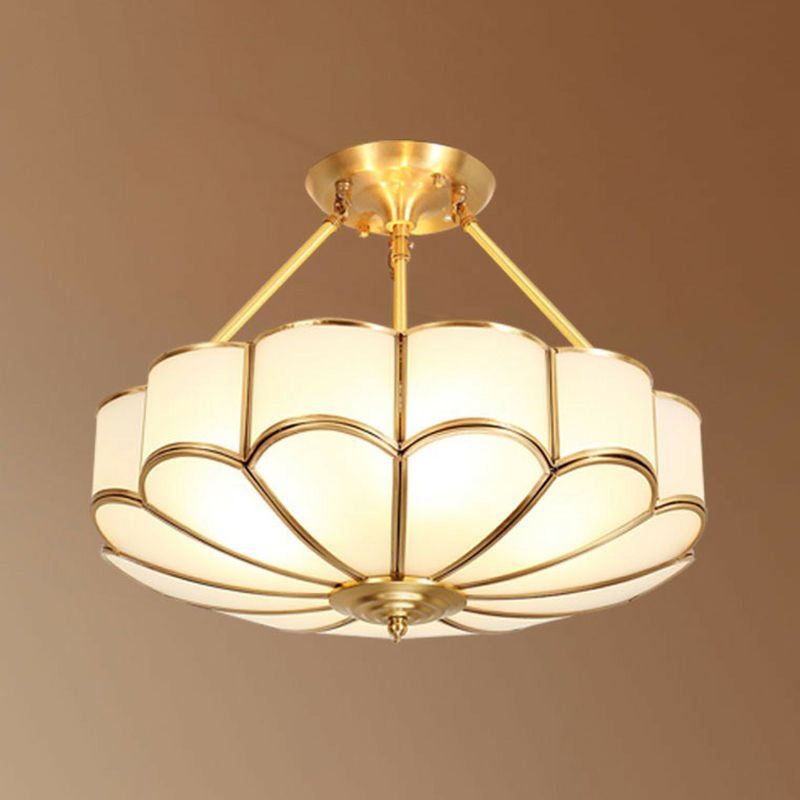 Cream Glass Flower Suspension Light Minimalist Bedroom Chandelier Pendant in Brass