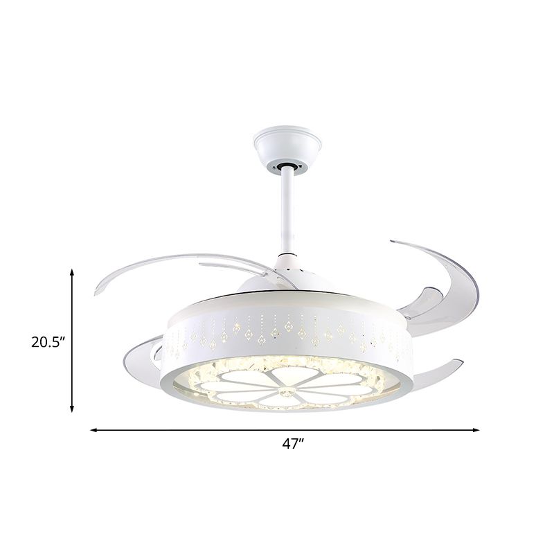 4-Blade Crystal LED Fan Light Fixture Nordic White Floral Living Room Semi Flush Ceiling Light, 47" Width