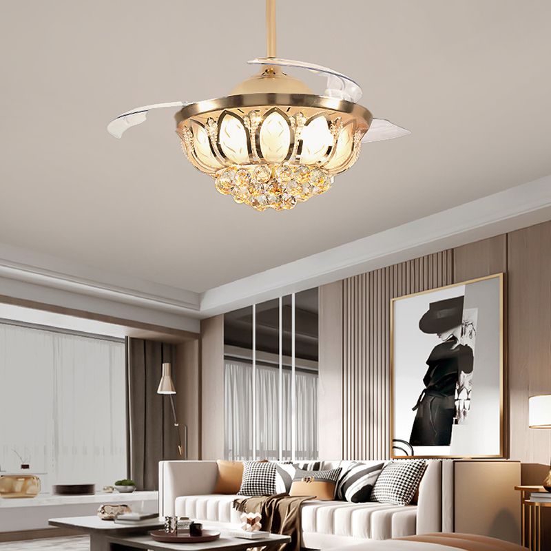 Modern LED Fan Lighting Fixture Crystal Gyroscopic Ceiling Fan in Gold