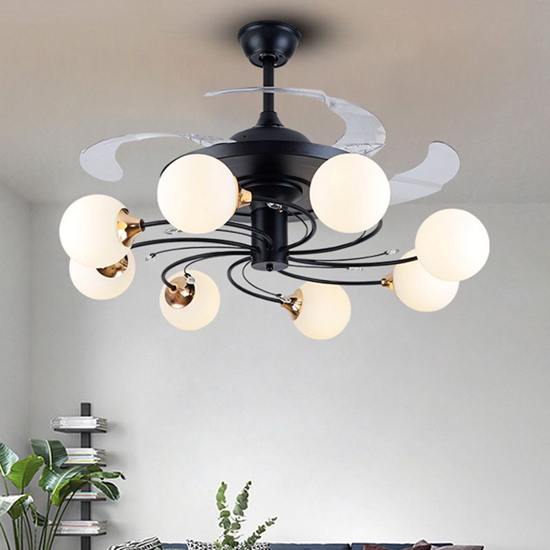 Global Semi Flush Minimalin White Glass 8 Lights Living Room Hanging Fan Lightture en noir, 42 "de large