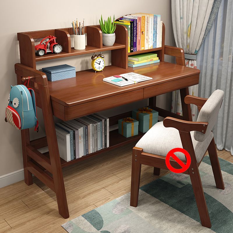 Adjustable Study Desk Rubber Wood Children's Desk with Storage Shelves