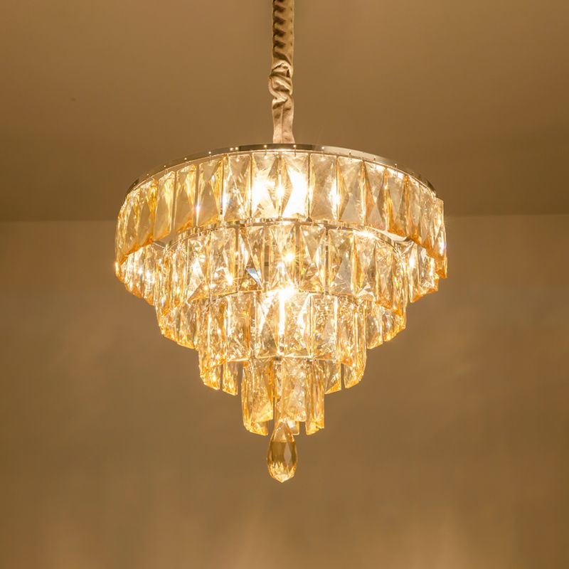 Modern Style Tapered Suspension Lamp Clear Rectangle-Cut Crystal 4 Heads Nickel Chandelier Lighting