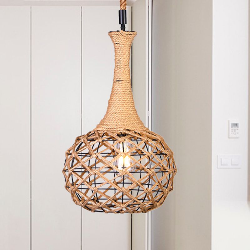 Nautical Globe Cage Hanging Pendant Light 1 Light Metal and Rope Suspension Light in Beige for Dining Room