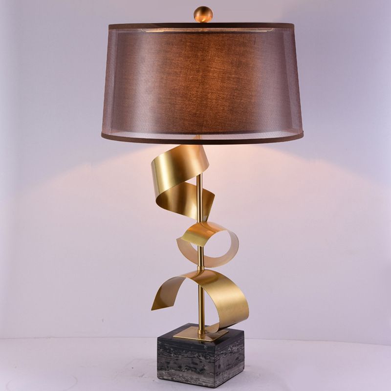 Fabric Drum Table Stand Lamp Modern 1 Head Brown Night Light with Gold Foil Decor