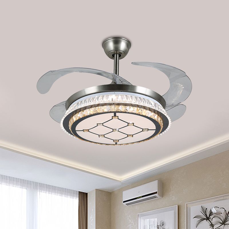 19 "Breedte LED Semi Flush Mount Contemporary Round Round Round Clear Crystal Blocks 4 Blades Hanglamp ventilatorlamp in roestvrijstalen met rhombus/zespuntig sterrenpatroon