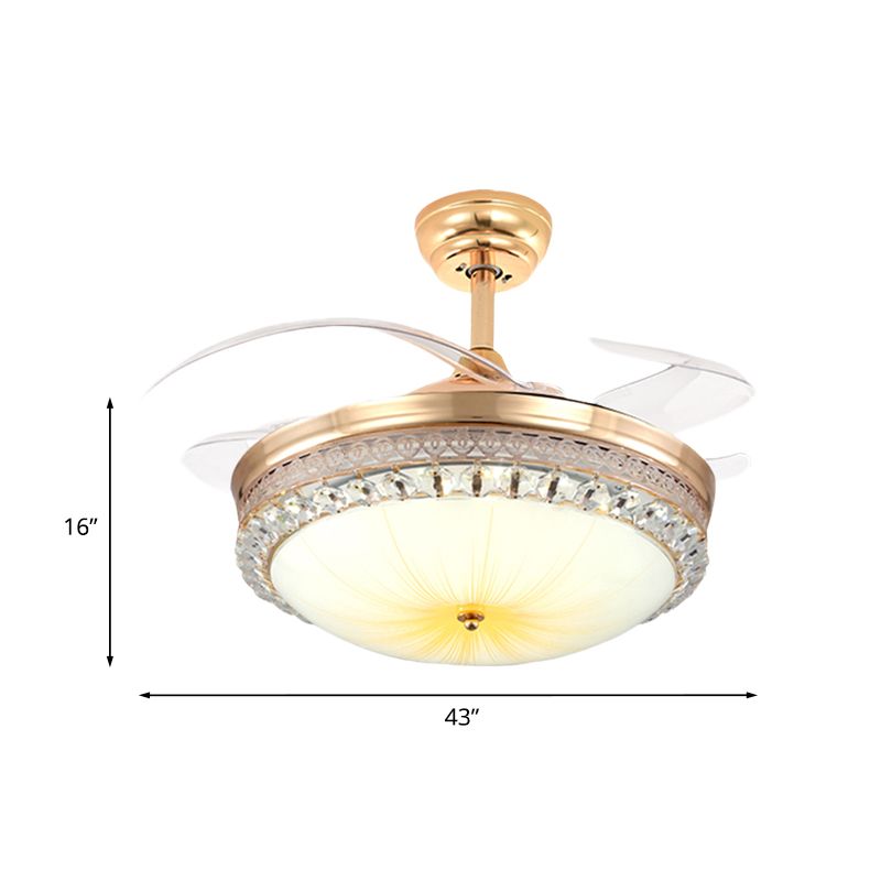 43 "brede 3-blade LED-ventilator verlichtingsarmatuur modernistische koepel gesneden kristal semi-spoelbevestiging plafondlicht in goud