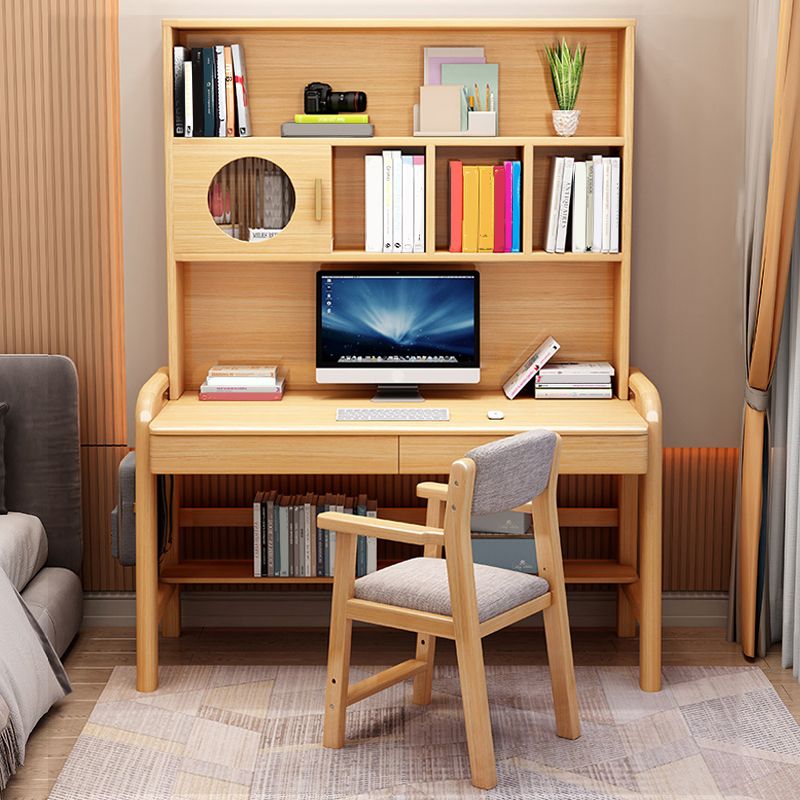 Solid Wood Home Study Desk with Bookshelf Multifunctional Lifting Student Table