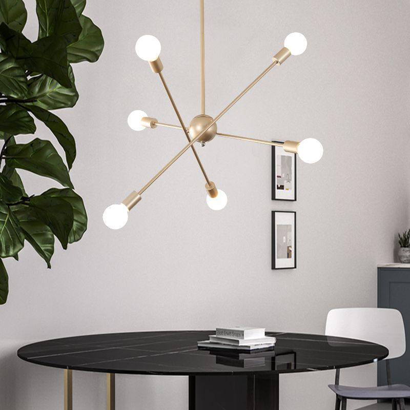 Elegant Style Line Hanging Light Multi-Head Metal Chandelier in Gold Finish for Dining Table