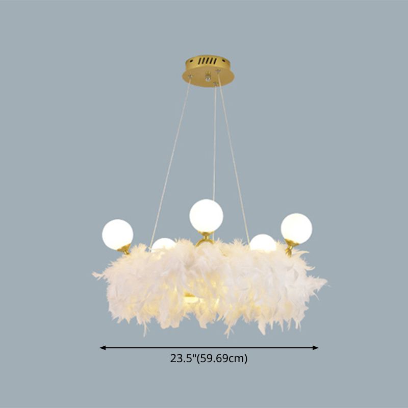 Feather Crown Suspension Lighting Nordic Gold and White Chandelier for Girls Room