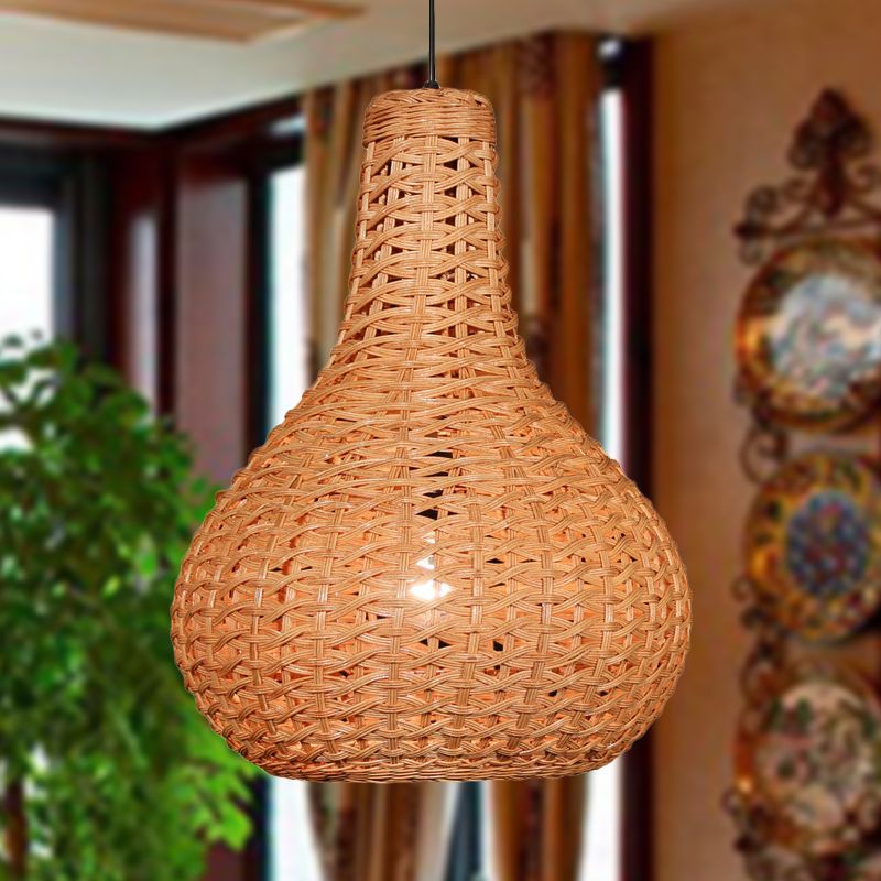 1 Head Hand-Worked Pendant Light Japanese Rattan Suspended Lighting Fixture in Beige