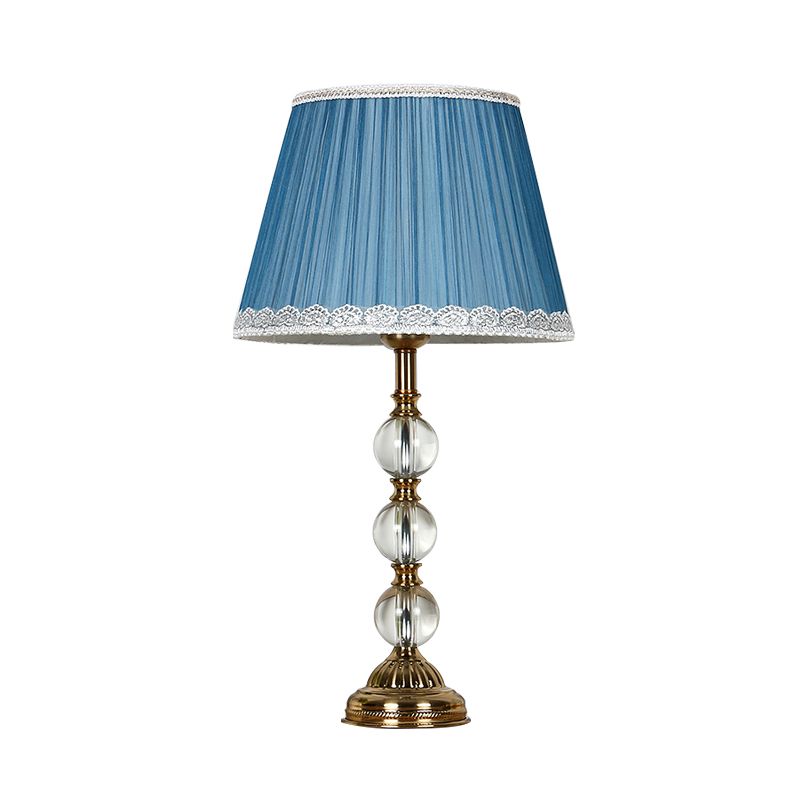 Classic Pleated Shade Night Table Light 1 Light Fabric Nightstand Lamp in Blue for Bedroom with Crystal Deco