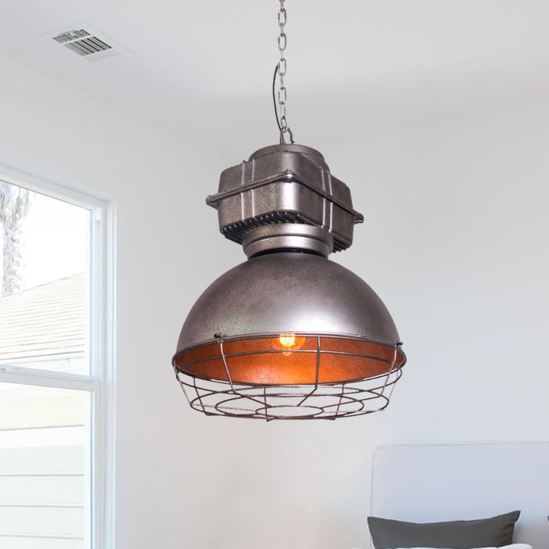 Luce del soffitto a sospensione a cupola vintage 1 testa lampada sospesa metallica in argento con gabbia