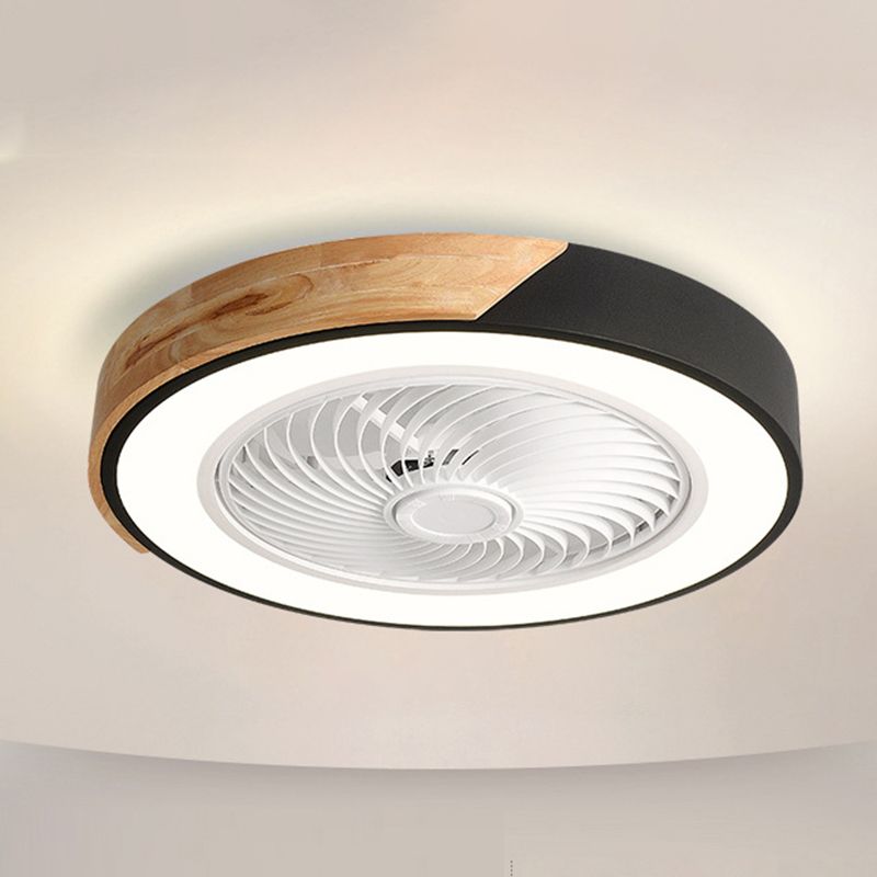 Nordic Geometric Ceiling Fan Light Fixture Metal Bedroom LED Semi Flush Mount with Wood Decor