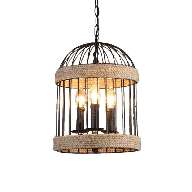 3 Bulbs Birdcage Ceiling Light Vintage Black Finish Metal and Rope Hanging Lamp with Chain for Dining Room