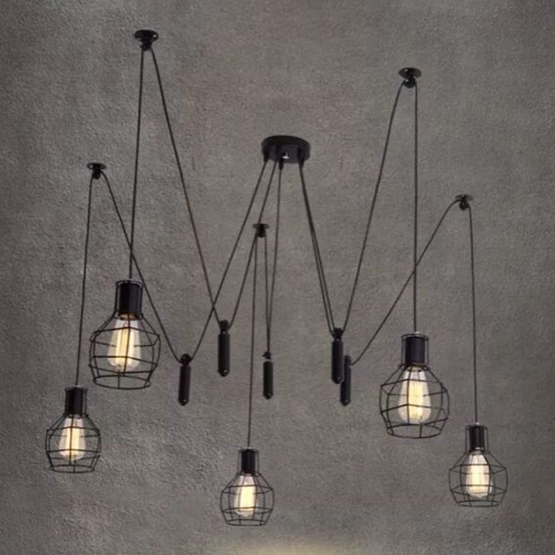 Caged Metal Pendant Lighting Industrial-Style Bedroom Hanging Pendant Light in Black