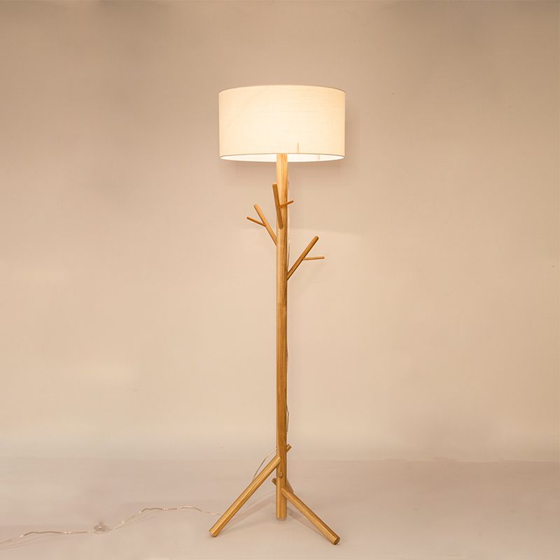 Drum White Fabric Floor Standing Light Contemporary 1-Bulb Wood Tree Stand Up Lamp