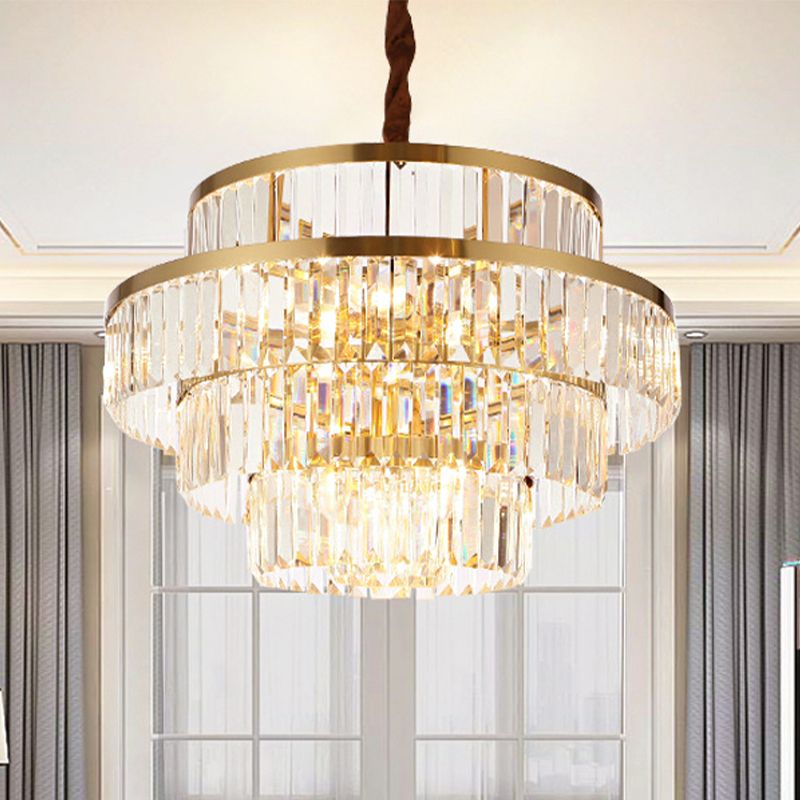 Modernism 12 Bulbs Ceiling Chandelier Brass Tiered Hanging Pendant Light with Crystal Shade