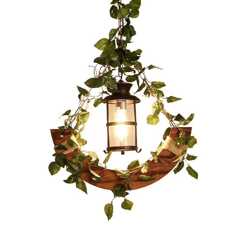 Vintage Lantern Suspension Lamp 1 Head Metal LED Pendant Light in Pink/Green with Plant/Cherry Blossom for Restaurant