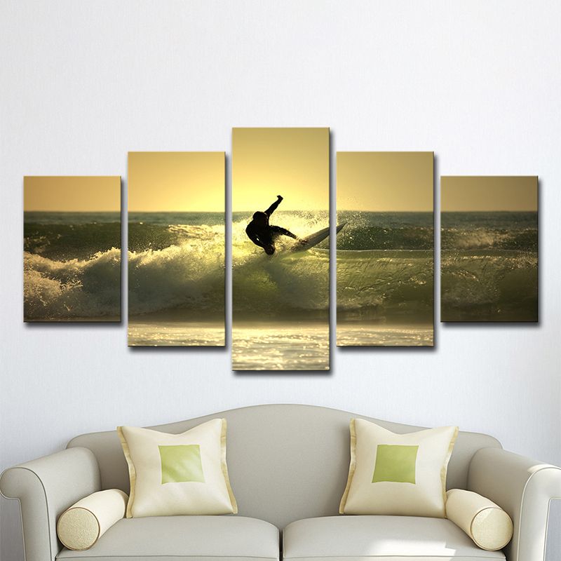 Surfing at Dusk Wall Art Decor Contemporary Multi-Piece Living Room Canvas Print in Yellow