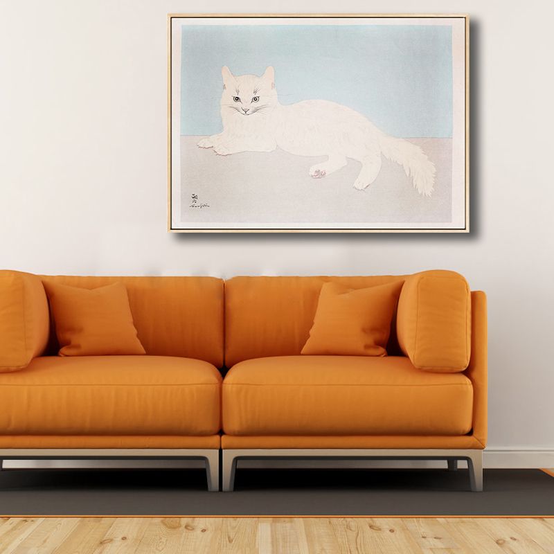 White Cat Wall Art Print Kids Lovely Painting Animal Canvas in Blue for Baby Room