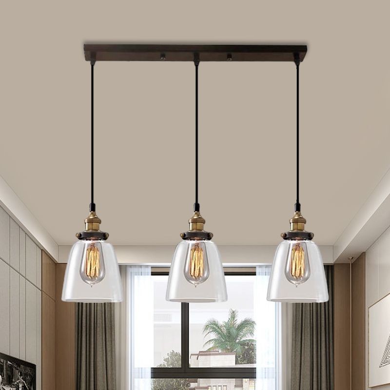 Cone/Bowl Smoked Glass Multi-Light Pendant Industrial 3-Light Coffee Shop Hanging Lamp, Linear/Round Canopy