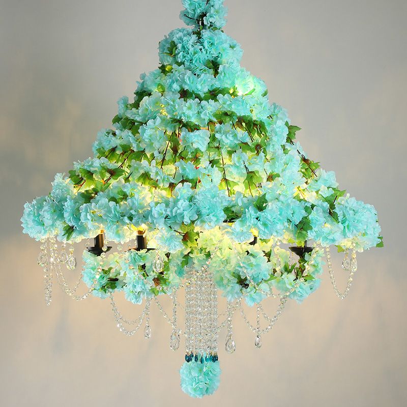 6-Head Conical Cage Chandelier Industrial Blue Iron Flower Ceiling Pendant with Dangling Crystal