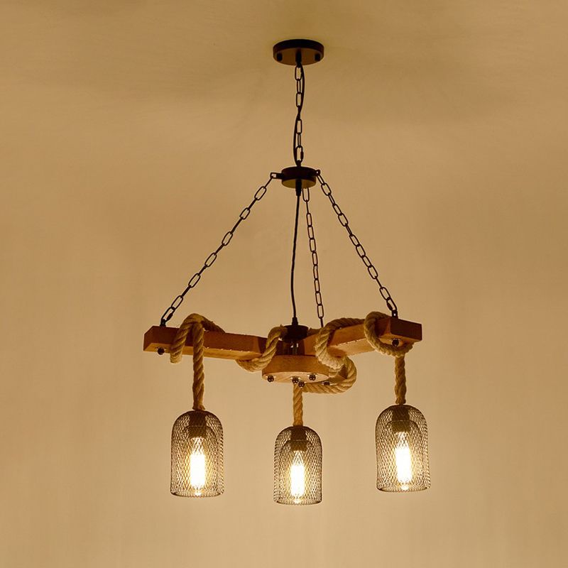 Caged Dining Room Chandelier Pendant Retro Metallic 3/6/8 Lights Wood Ceiling Lamp with Rope