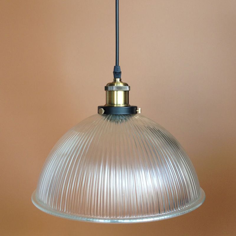 Bowl Pendant Light Industrial 1 Light Ribbed  Clear Glass Restaurant Hanging Lamp