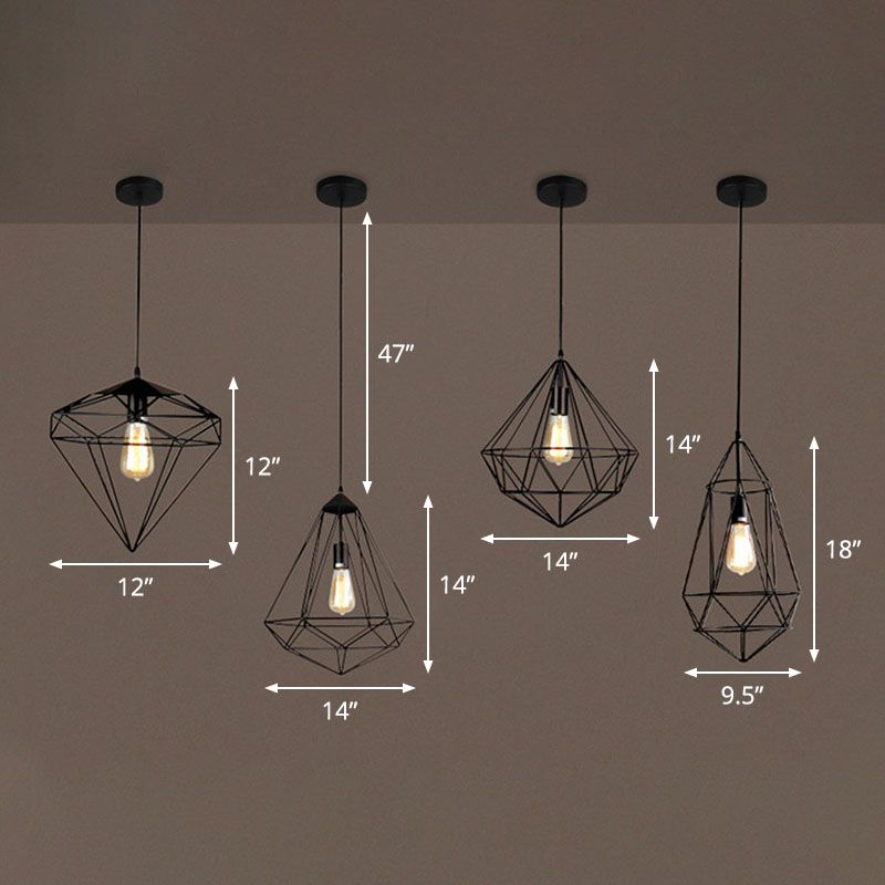 Iron Gemstone Frame Suspension Lighting Retro Style 1 Head Restaurant Pendant Ceiling Light in Black