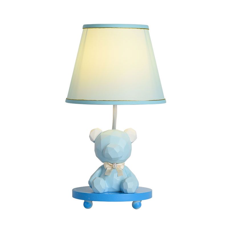 Barrel Shade Bedside Table Lamp Fabric 1 Bulb Cartoon Bear Nightstand Lighting in Blue/Pink