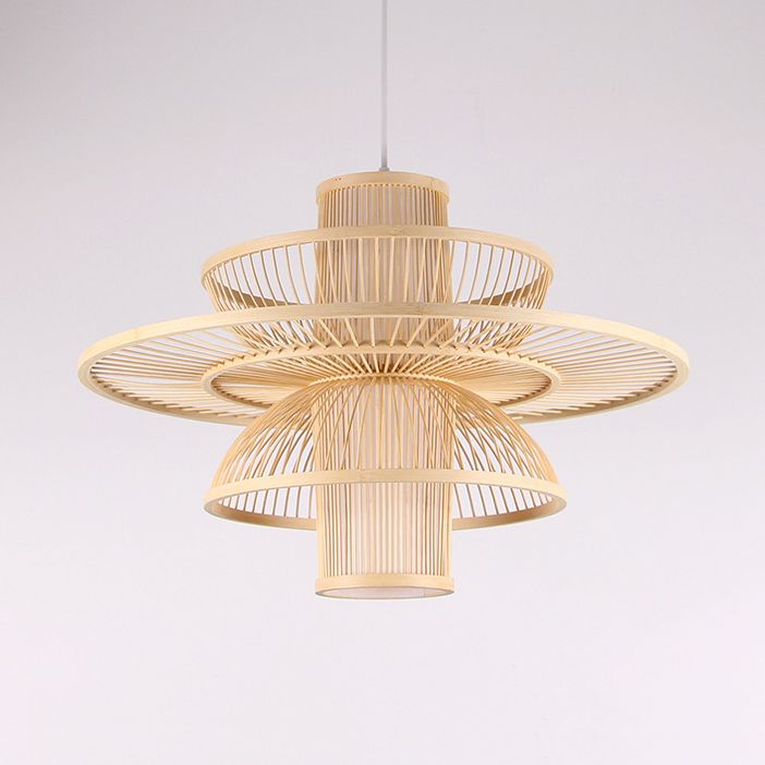 Lotus-Shaped Pendant Lamp Asian Style Bamboo 16"/19.5" W 1 Light Black/Beige Hanging Lighting for Restaurant