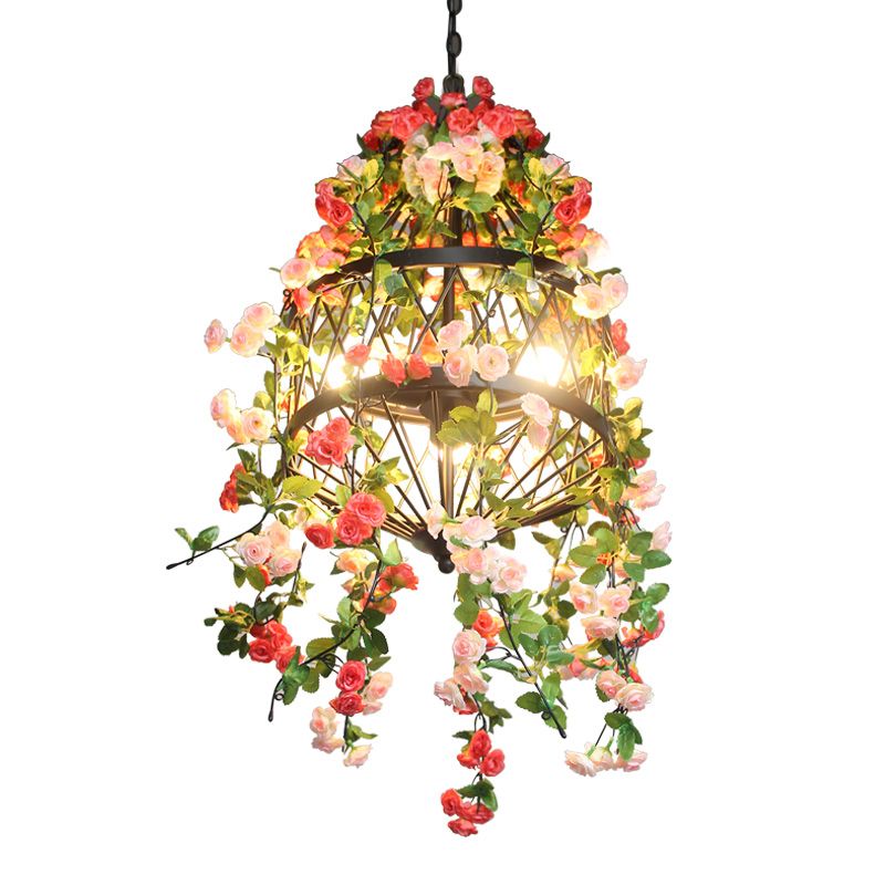 Trellis Cage Iron Hanging Chandelier Farm 3/4 Lights Restaurant Flower Suspension Lamp in Black