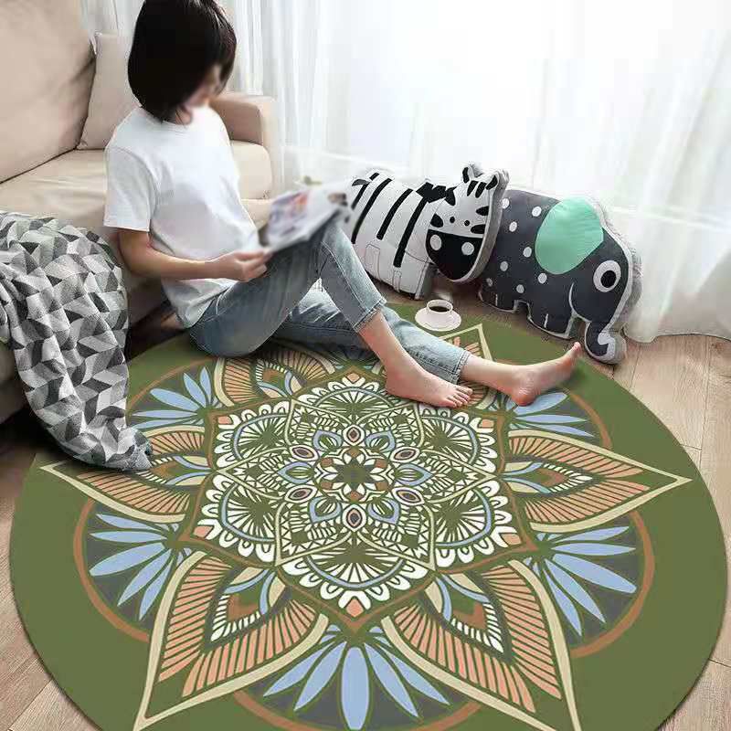 Round Floral Printed Carpet Polyester Persian Area Rug Stain Resistant Indoor Rug for Living Room