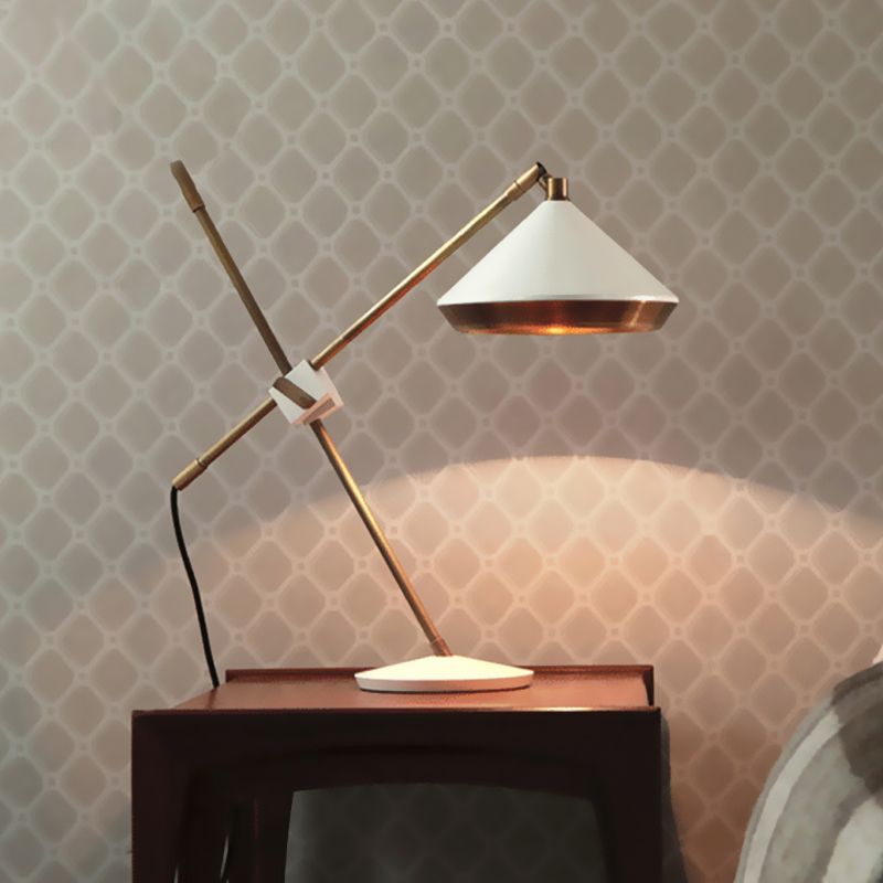 Iron Rotating Cross Arm Study Lamp Antiqued 1 Light Study Desk Lighting in Brass with Black/White Cone Shade