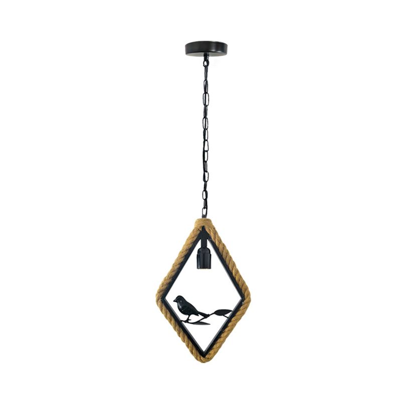 1 Light Round/Rhombus/Square Pendant Lighting Black Rope Hanging Light Fixture for Living Room with Bird Deco