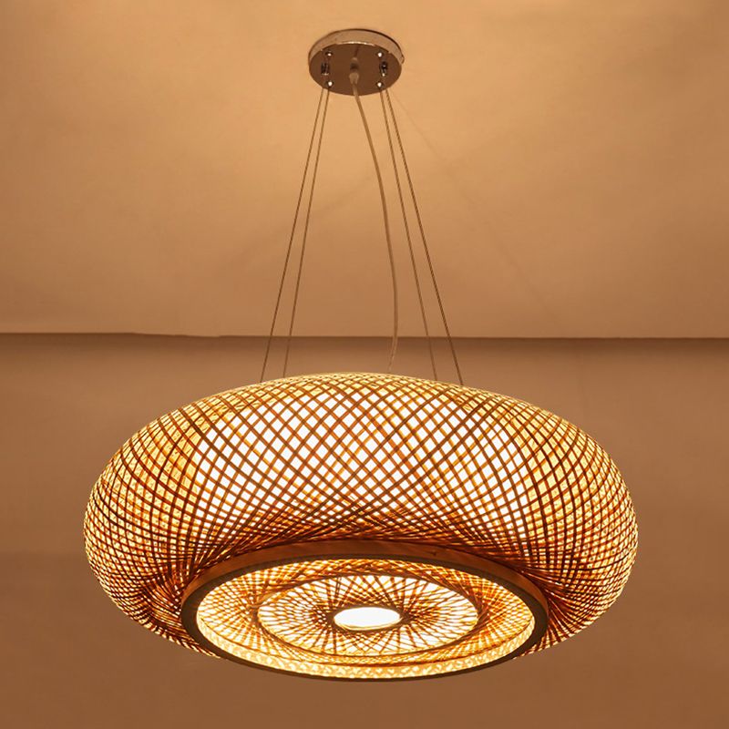 Bamboo Weaving Round Hanging Lamp Chinese Wooden Suspension Lighting Fixture for Bedroom