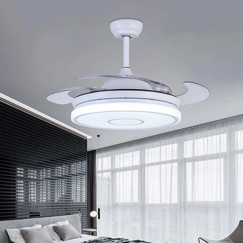 Acrylic White Pendant Fan Lamp Ring 36" Width LED Nordic Semi Flush Mount Ceiling Fixture for Living Room, 4 Clear Blades