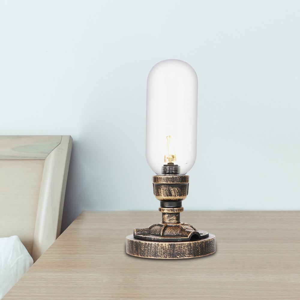 1 Light Capsule Table Light Industrial Brass Clear/Amber Glass Nightstand Lamp with Pipe Metal Base for Teahouse