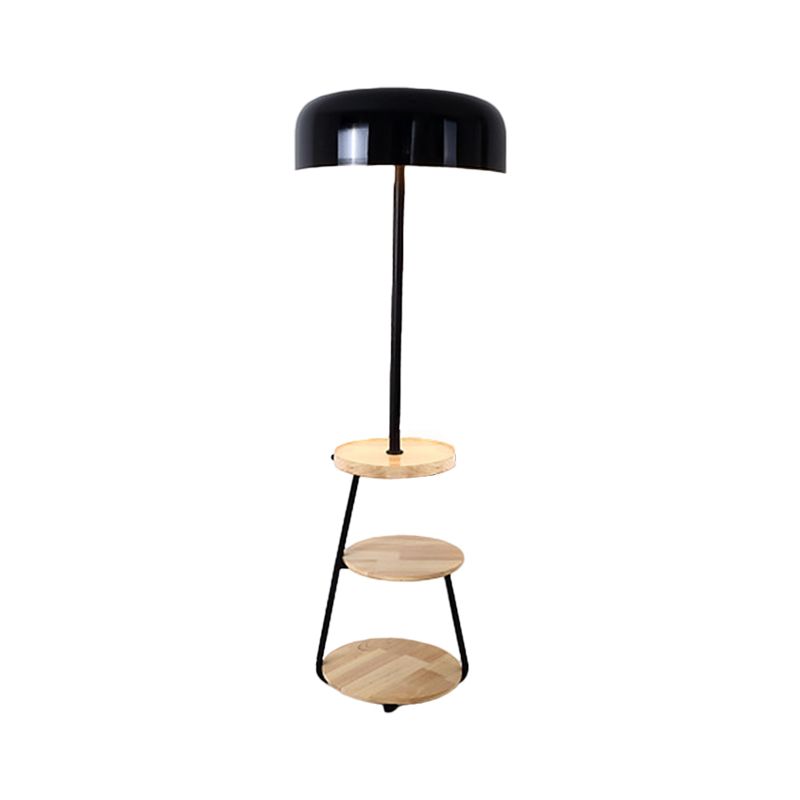 Black Finish Bowl Shade Floor Standing Light Modernism 2 Bulbs Metal Floor Lamp with Wood Shelves