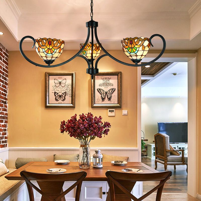 Victorian Bowl Pendant Light with Hanging Chain Stained Glass 3 Lights Chandelier in Beige for Dining Room