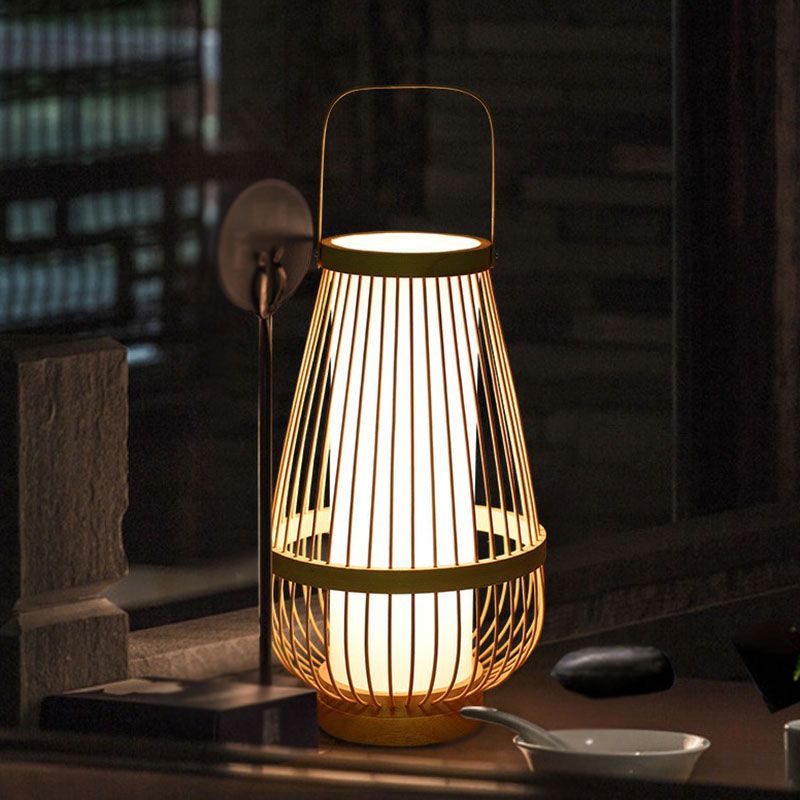 Basket Shaped Bamboo Table Lamp Minimalist 1 Head Wood Nightstand Light for Restaurant