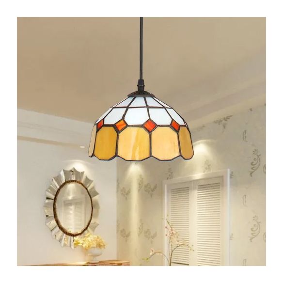 Beige/Orange/Blue Dome Hanging Pendant Light Tiffany 1 Bulb Stained Art Glass Ceiling Hang Fixture for Living Room, 8"/12"/16" W