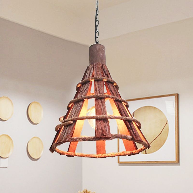 Wood Tapered Down Lighting Asian 1 Bulb Red-Brown Hanging Ceiling Light with Adjustable Chain