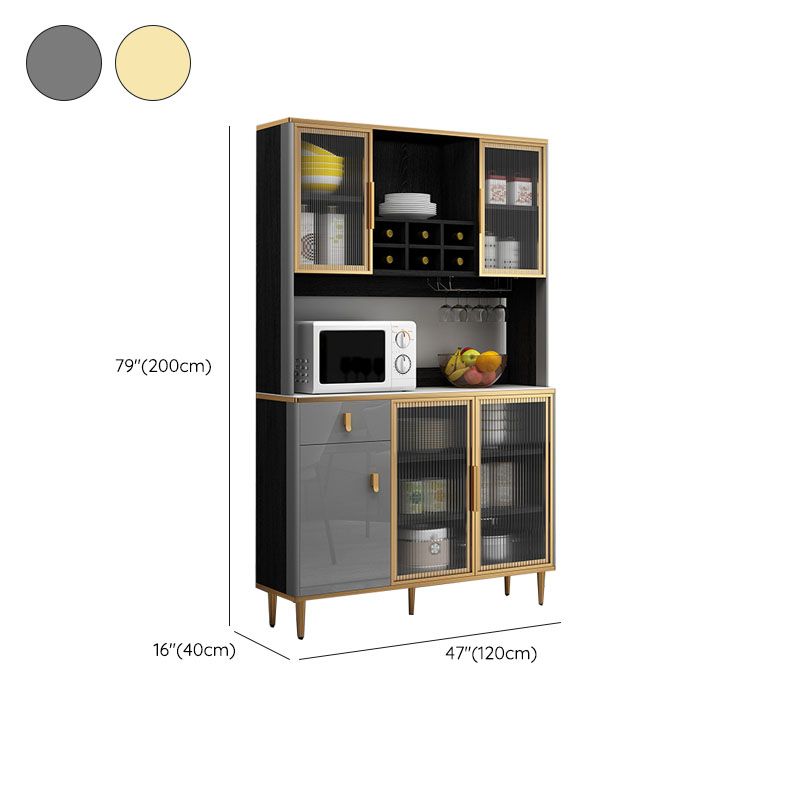 Contemporary Dining Hutch Glass Doors Faux Wood Storage Cabinet for Dining Room