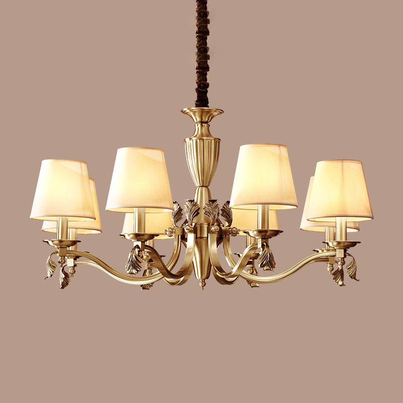 Éclairage de plafond en laiton Candelabra Light Dysware de lustre métallique moderne avec nuance de tissu conique