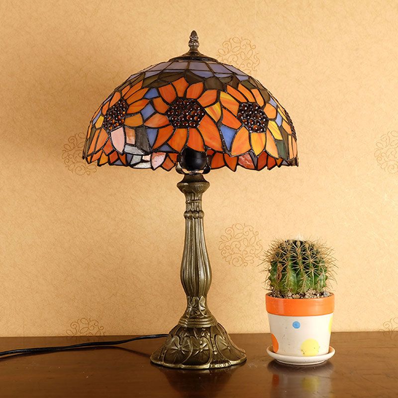 Bowl Shade Nightstand Lamp Single Stained Art Glass Classic Table Lighting in Orange with Sunflower Pattern