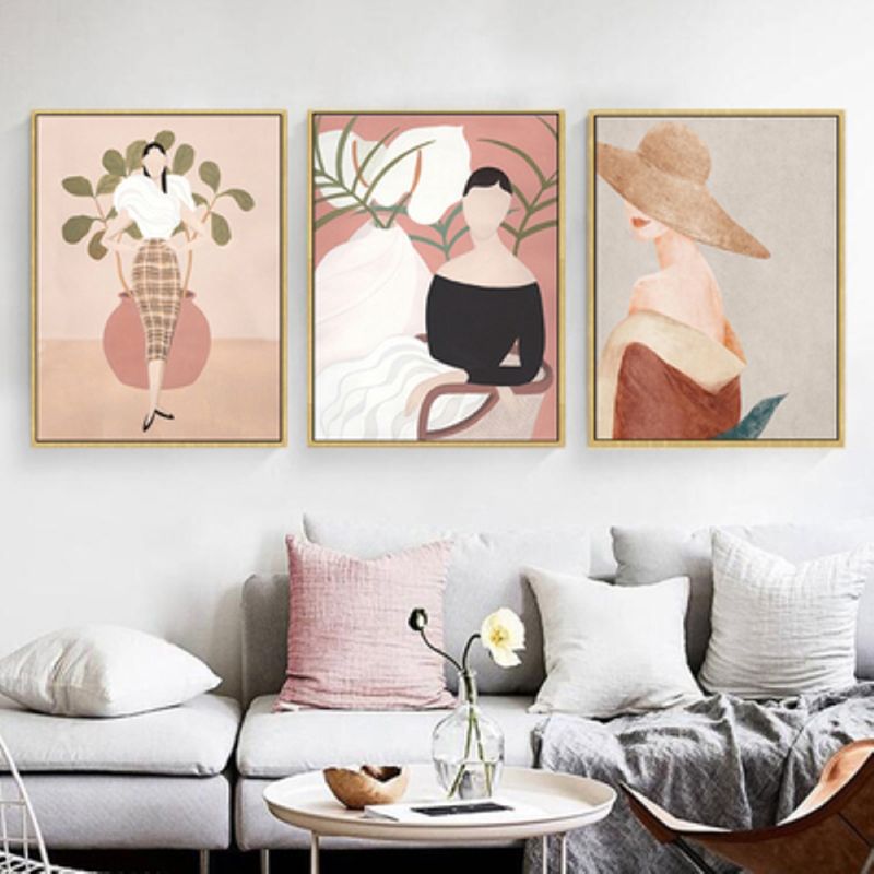 Pink Woman Drawing Wall Art Fashion Nordic Style Textured Canvas Print for Girls Room